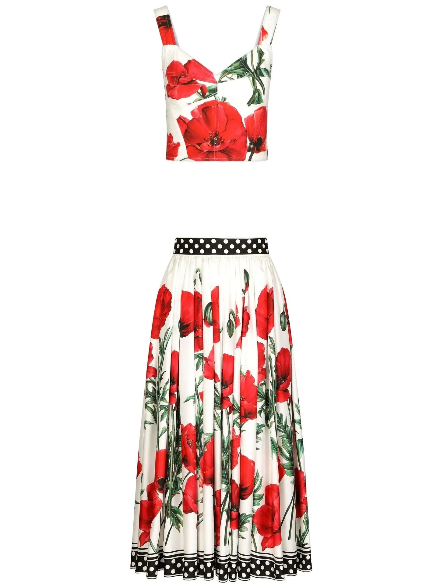 Poppy-Print Poplin Corset Top & Twill Midi Skirt Set - S - Suits & Sets