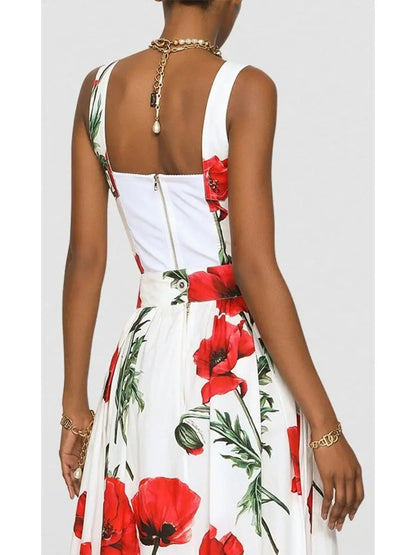 Poppy-Print Poplin Corset Top & Twill Midi Skirt Set - Suits & Sets