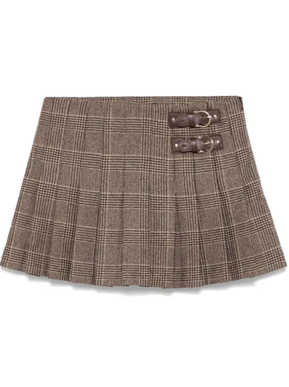 Prince of Wales Pleated Check Double-Buckled Mini Skirt - Skirts