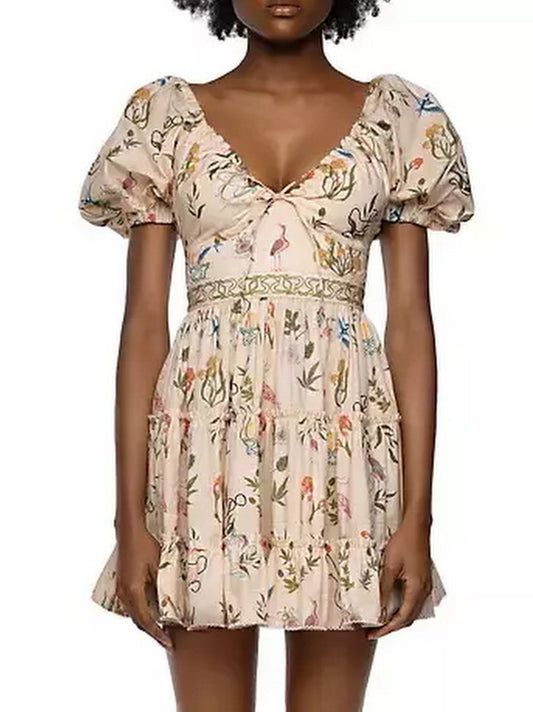 Floral print cotton tiered dress with puff sleeves and adjustable v-neck drawstring
