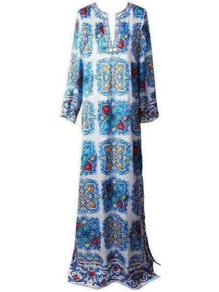 Print Long Maxi Kaftan Dress-Multi Color - Dresses