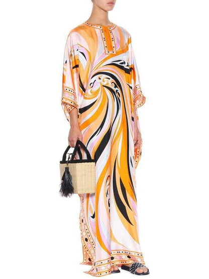 Printed Abstract Kaftan Dress in Orange and Multi - 36 - Dresses