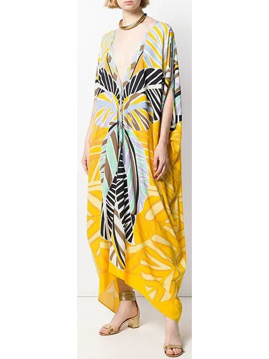 Printed Abstract V-Neck Kaftan Dress in Yellow and Multi - Dresses