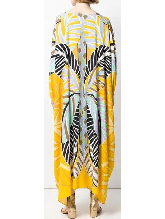 Printed Abstract V-Neck Kaftan Dress in Yellow and Multi - Dresses