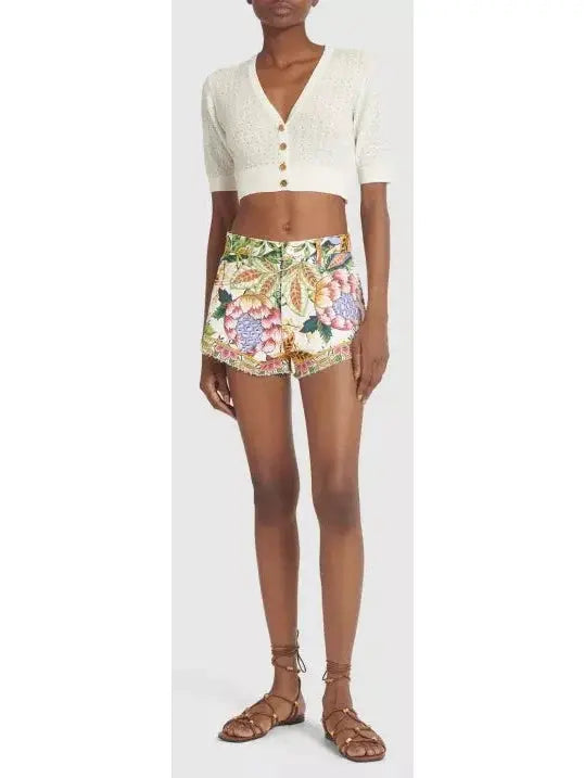 Printed Cotton Denim Mid Rise Shorts - Jeans & Pants