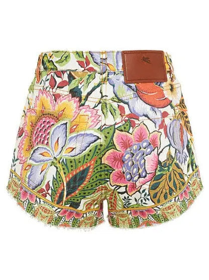 Printed Cotton Denim Mid Rise Shorts - Jeans & Pants