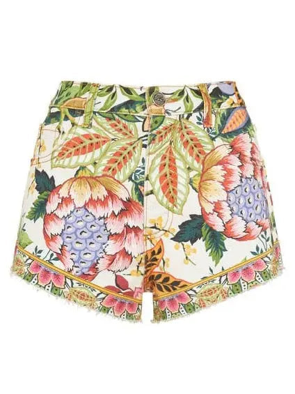 Printed Cotton Denim Mid Rise Shorts - Jeans & Pants