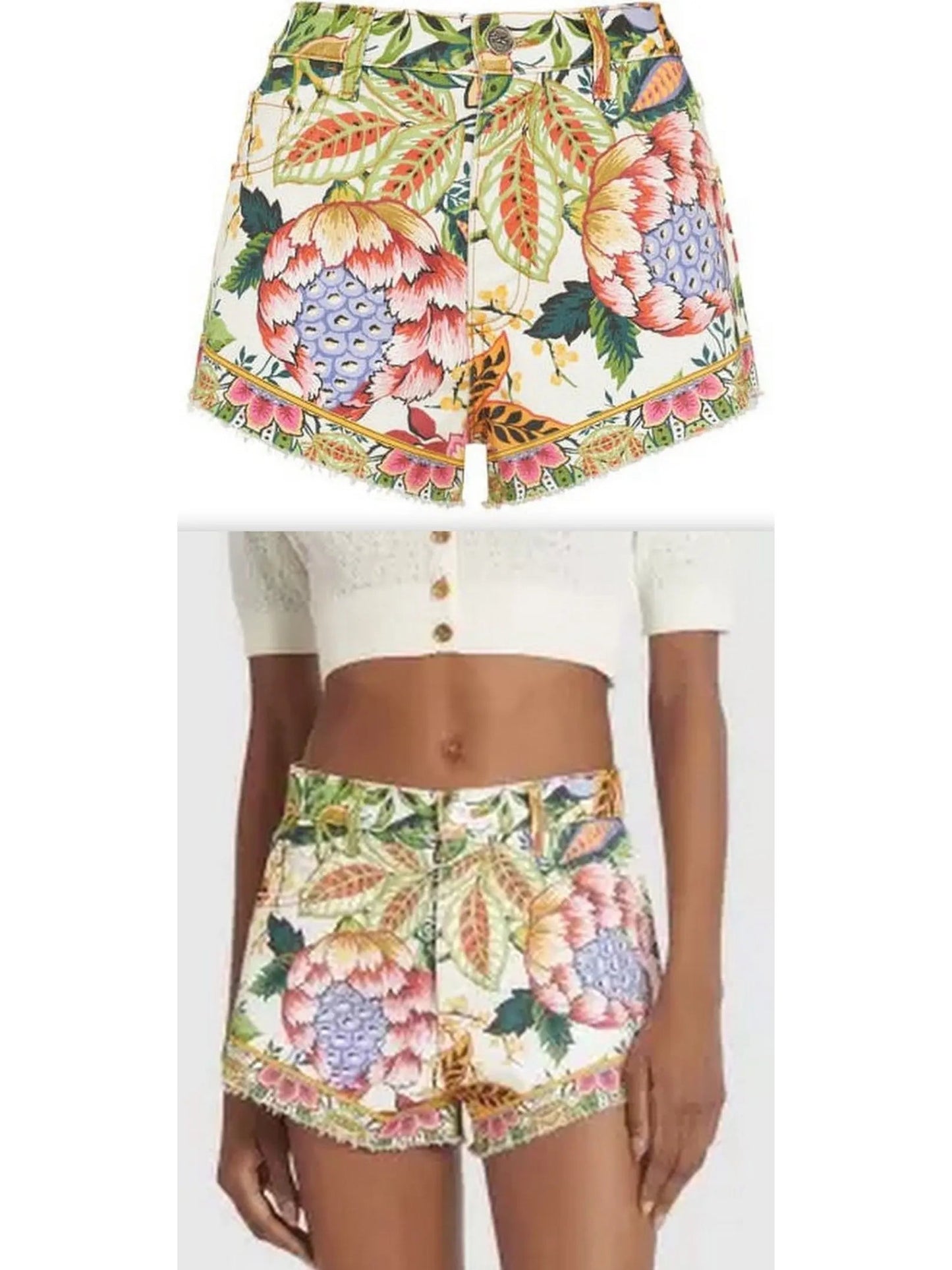 Printed Cotton Denim Mid Rise Shorts - Small / Waist: 64cm - Jeans & Pants