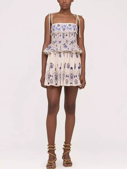 Ivory and blue embroidered cotton-poplin peplum mini dress for stylish summer wear