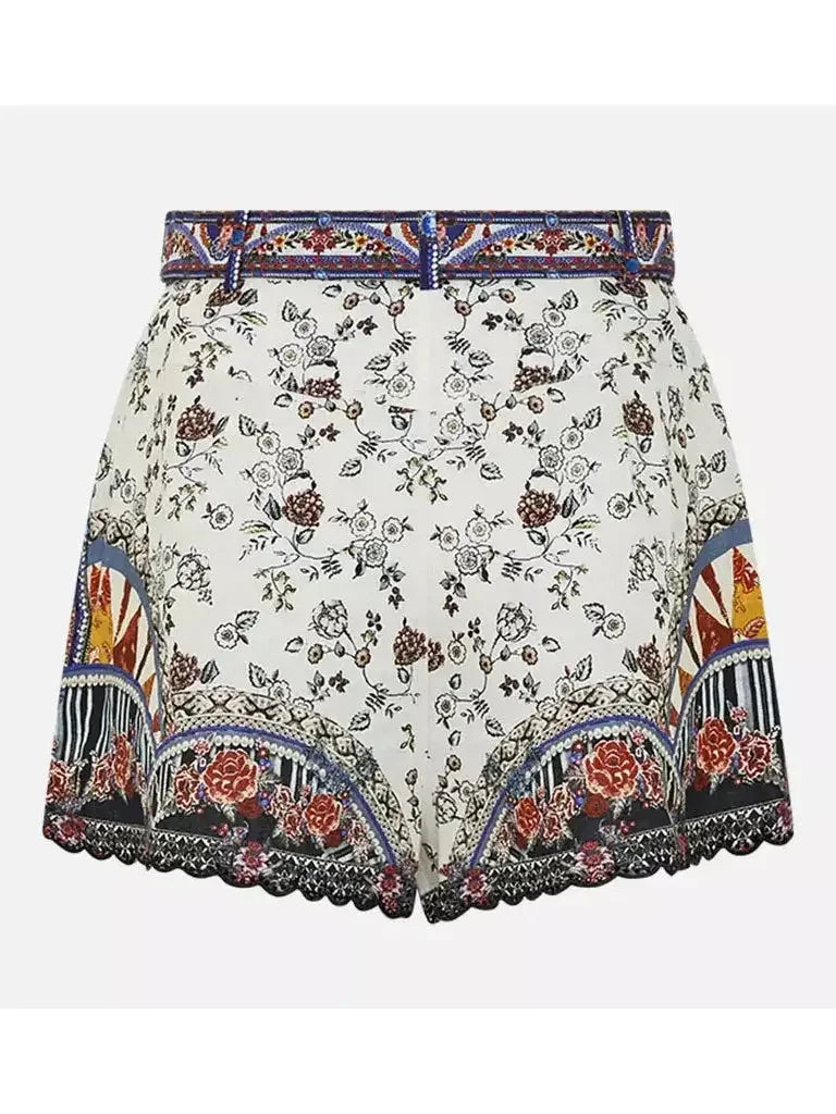 Printed Frill Low-Cut Linen and Cotton Top and Short Set - Suits & Sets