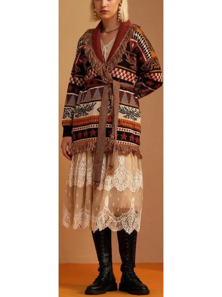 Printed Fringed Cardigan - Sweaters & Knitwear