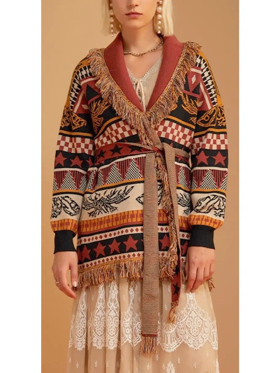 Printed Fringed Cardigan - Sweaters & Knitwear