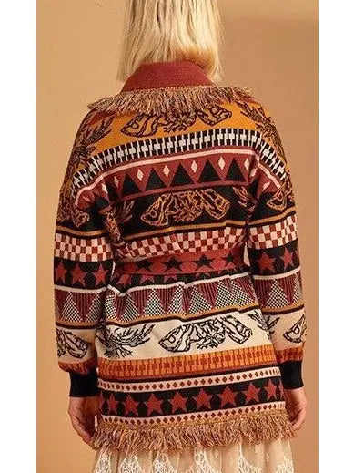 Printed Fringed Cardigan - Sweaters & Knitwear