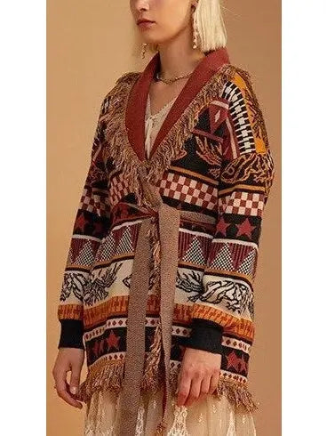 Printed Fringed Cardigan - Sweaters & Knitwear