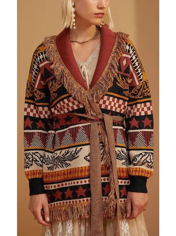 Printed Fringed Cardigan - Sweaters & Knitwear