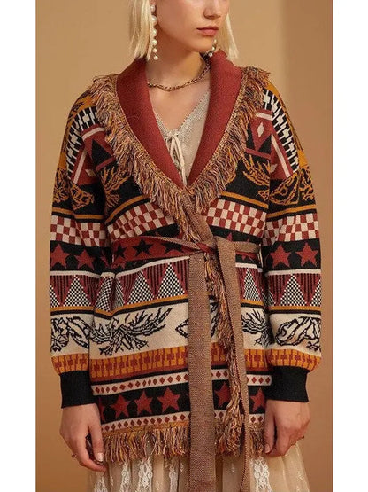 Printed Fringed Cardigan - Sweaters & Knitwear