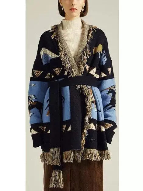 Printed Fringed-Edge Cardigan - Sweaters & Knitwear