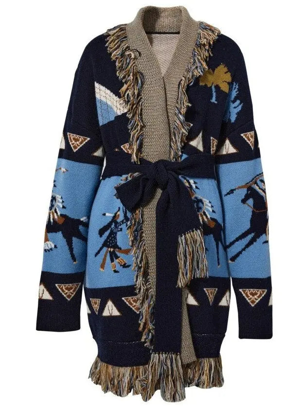 Printed Fringed-Edge Cardigan - Sweaters & Knitwear