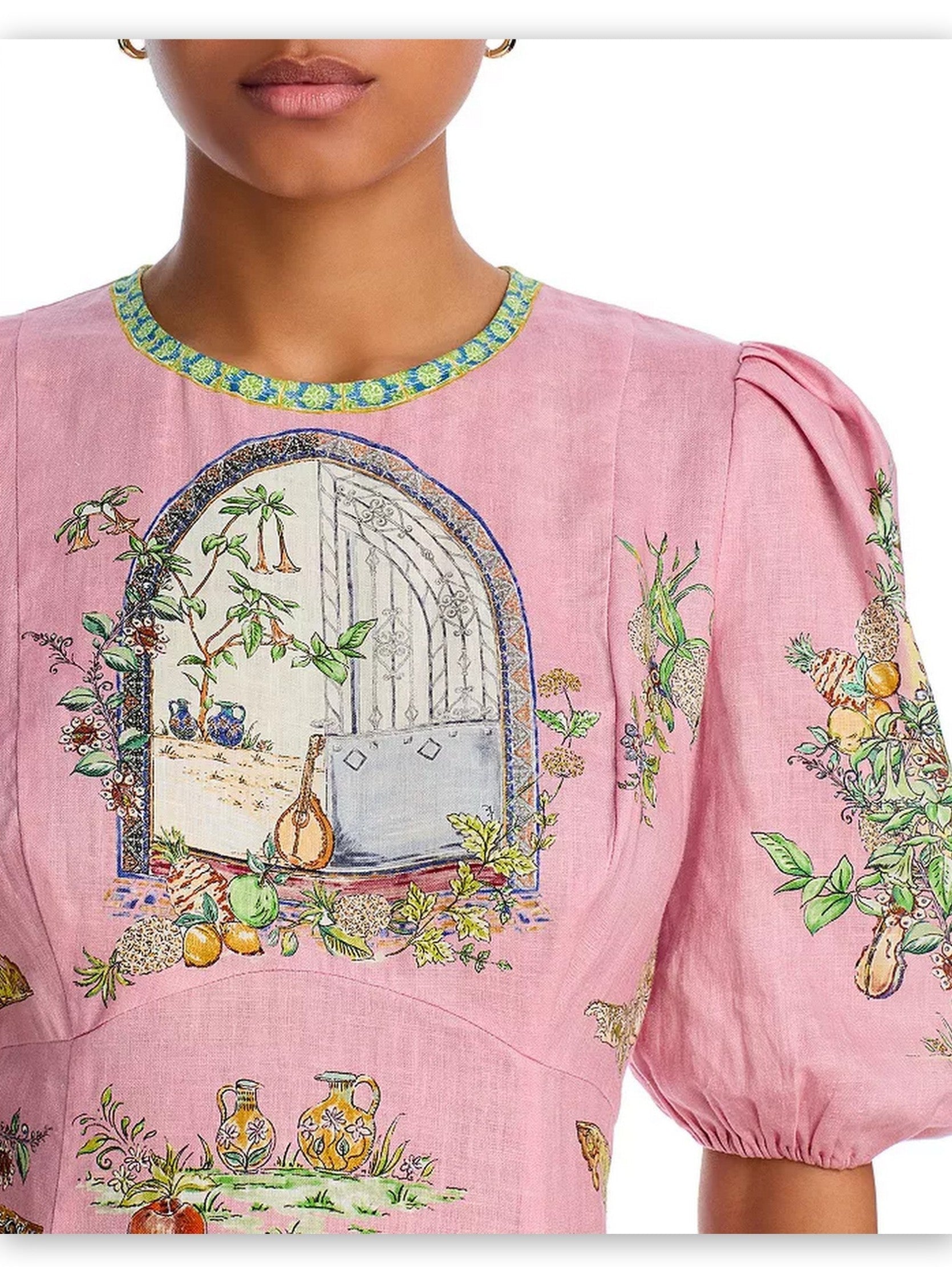 Pink printed midi dress with puff-sleeves and empire waist showcasing a scenic print