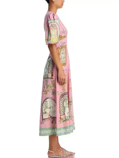Pink printed midi dress with puff sleeves and scenic print for stylish summer outings