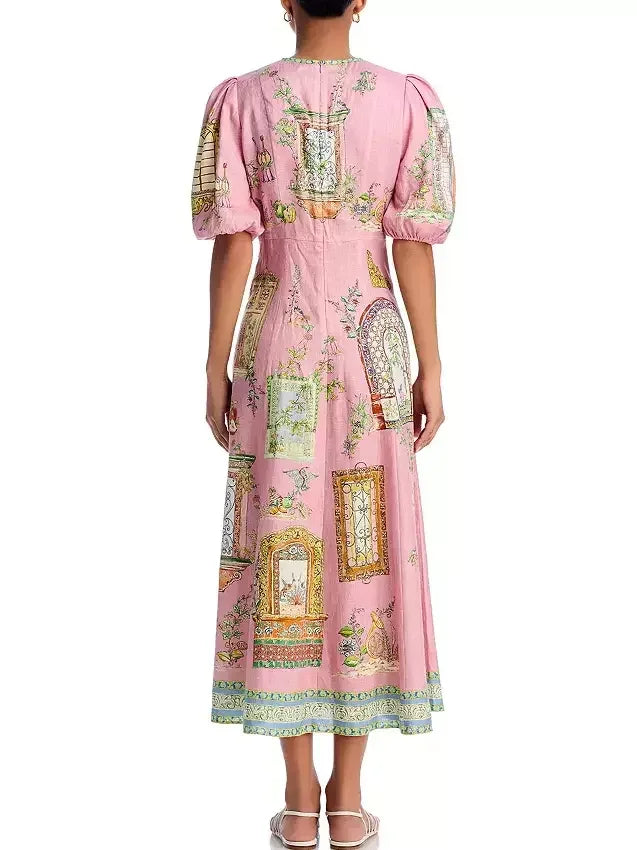 Pink printed midi dress with puff sleeves and window print, perfect for stylish outfits