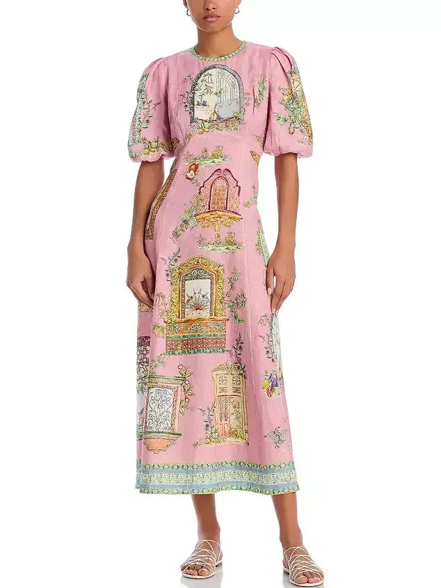 Pink printed midi dress with puff sleeves and scenic print, perfect for any occasion