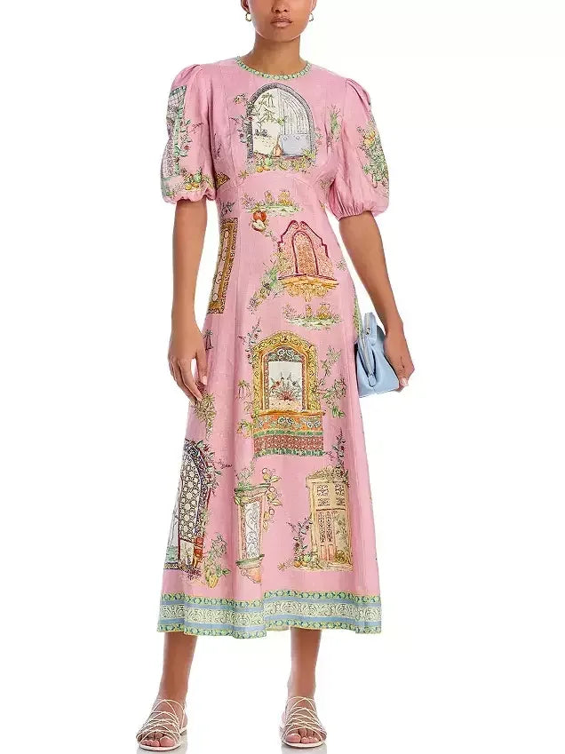 Pink Printed Midi Dress with Puff-Sleeves and Scenic Print for Stylish Elegance