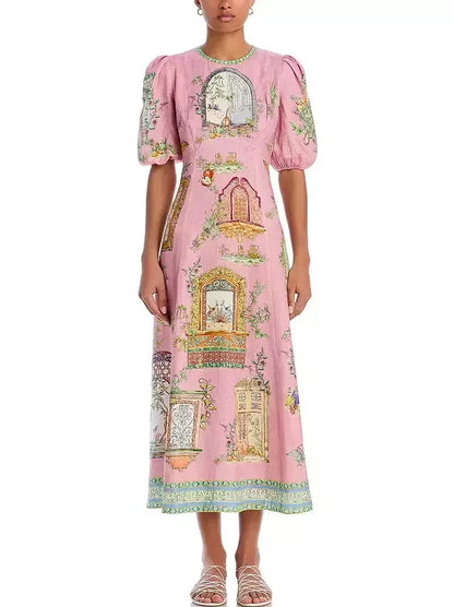 Pink printed midi dress with window print, puff sleeves, and empire waist design