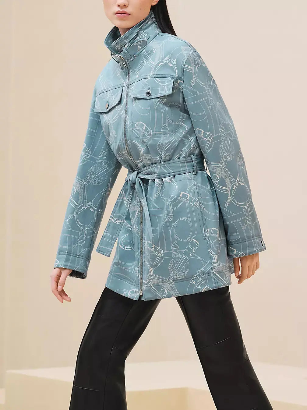 Printed Parka Jacket with Tie-Belt and Shearling Collar - Jackets