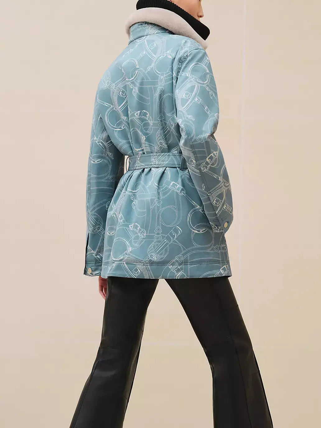 Printed Parka Jacket with Tie-Belt and Shearling Collar - Jackets