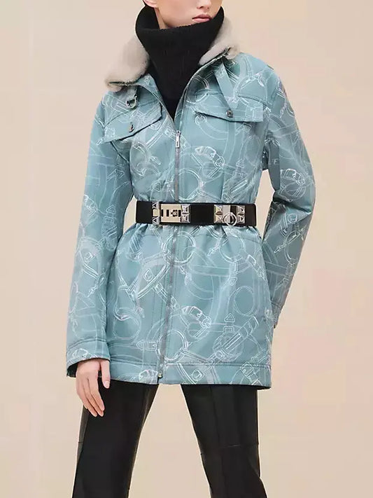 Printed Parka Jacket with Tie-Belt and Shearling Collar - Jackets