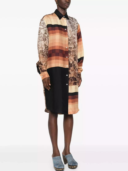 Printed Patchwork Silk Shirt Dress - Dresses