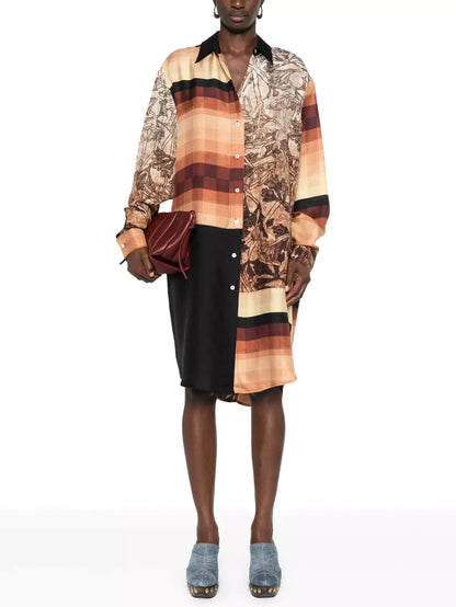 Printed Patchwork Silk Shirt Dress - Dresses