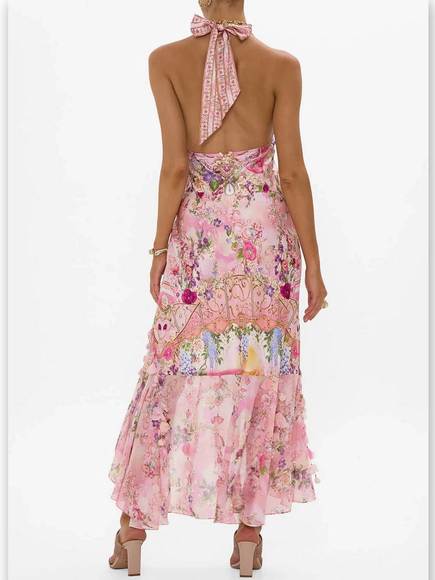 Printed Pink Halter-Neck Silk Dress with Petals - Dresses