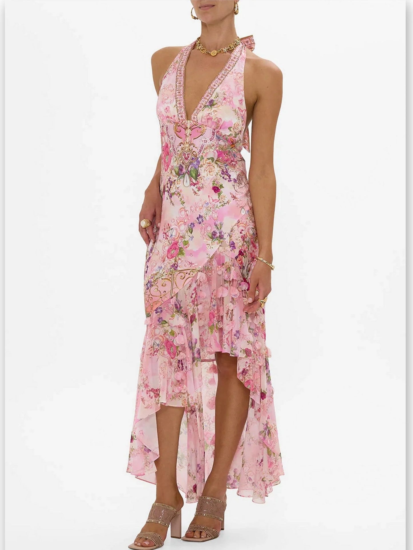 Printed Pink Halter-Neck Silk Dress with Petals - Dresses