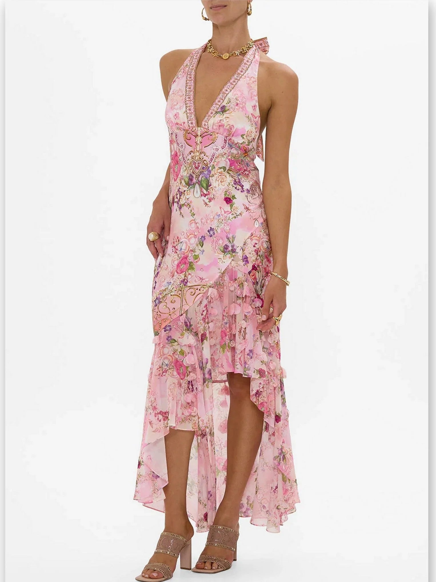 Printed Pink Halter-Neck Silk Dress with Petals - Dresses