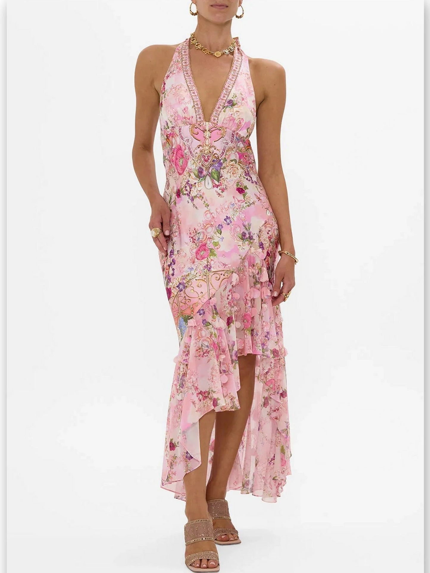 Printed Pink Halter-Neck Silk Dress with Petals - Dresses