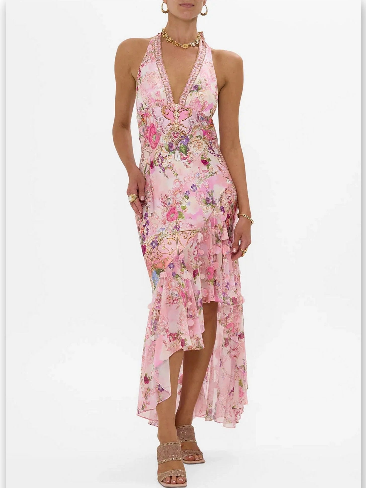Printed Pink Halter-Neck Silk Dress with Petals - Dresses