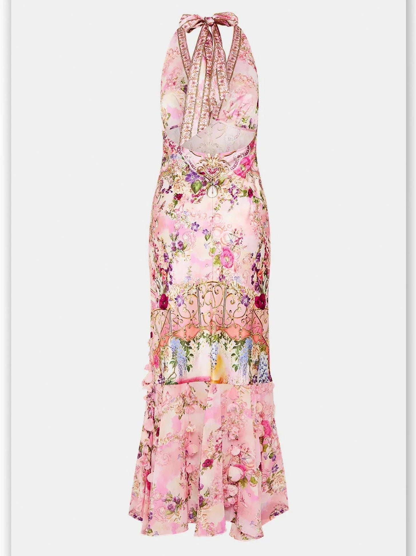 Printed Pink Halter-Neck Silk Dress with Petals - Dresses
