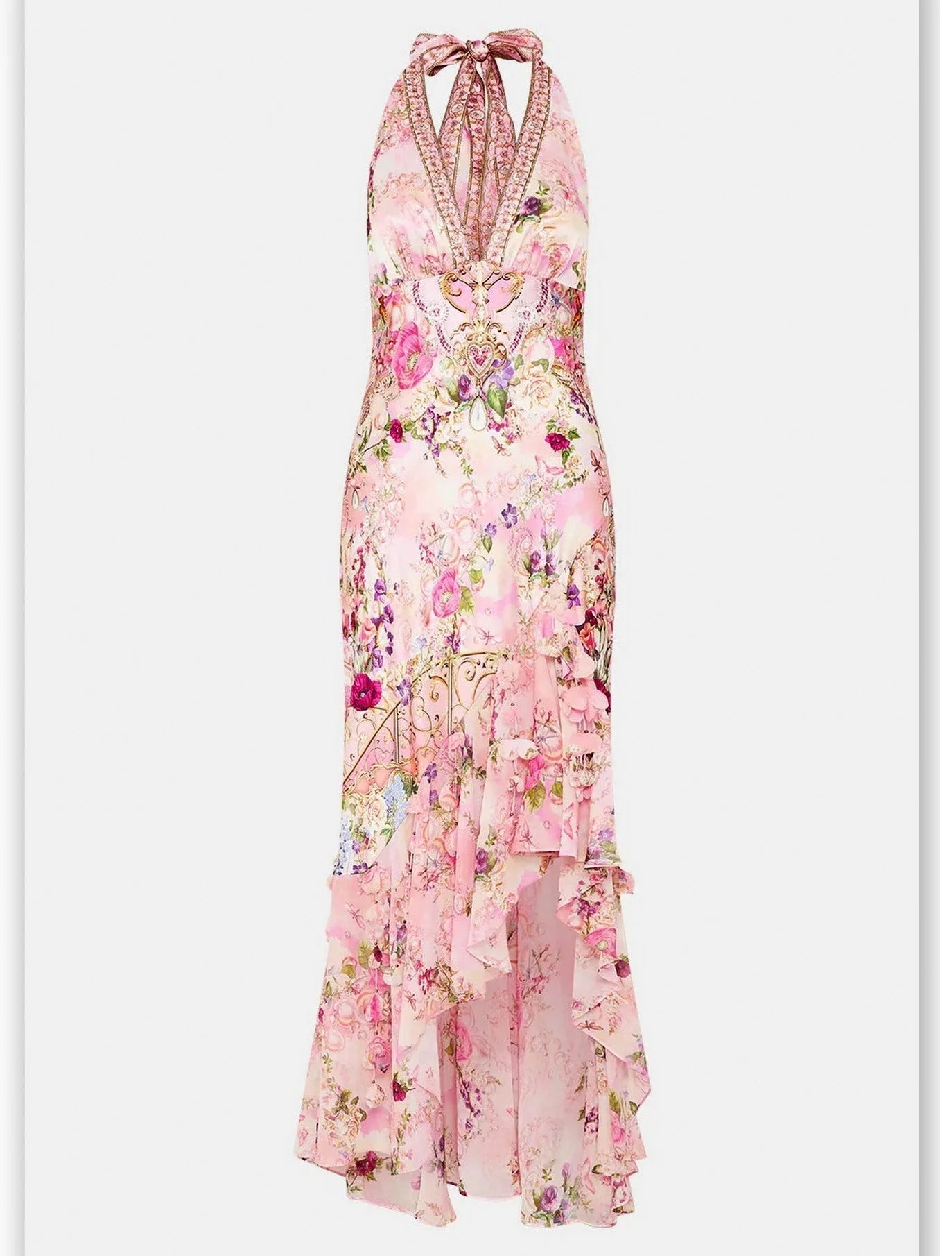 Printed Pink Halter-Neck Silk Dress with Petals - Dresses
