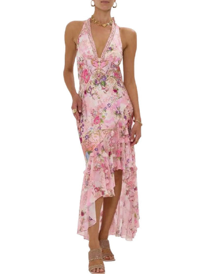 Printed Pink Halter-Neck Silk Dress with Petals - Small - Dresses