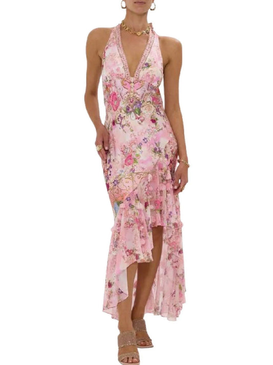 Printed Pink Halter-Neck Silk Dress with Petals - Small - Dresses