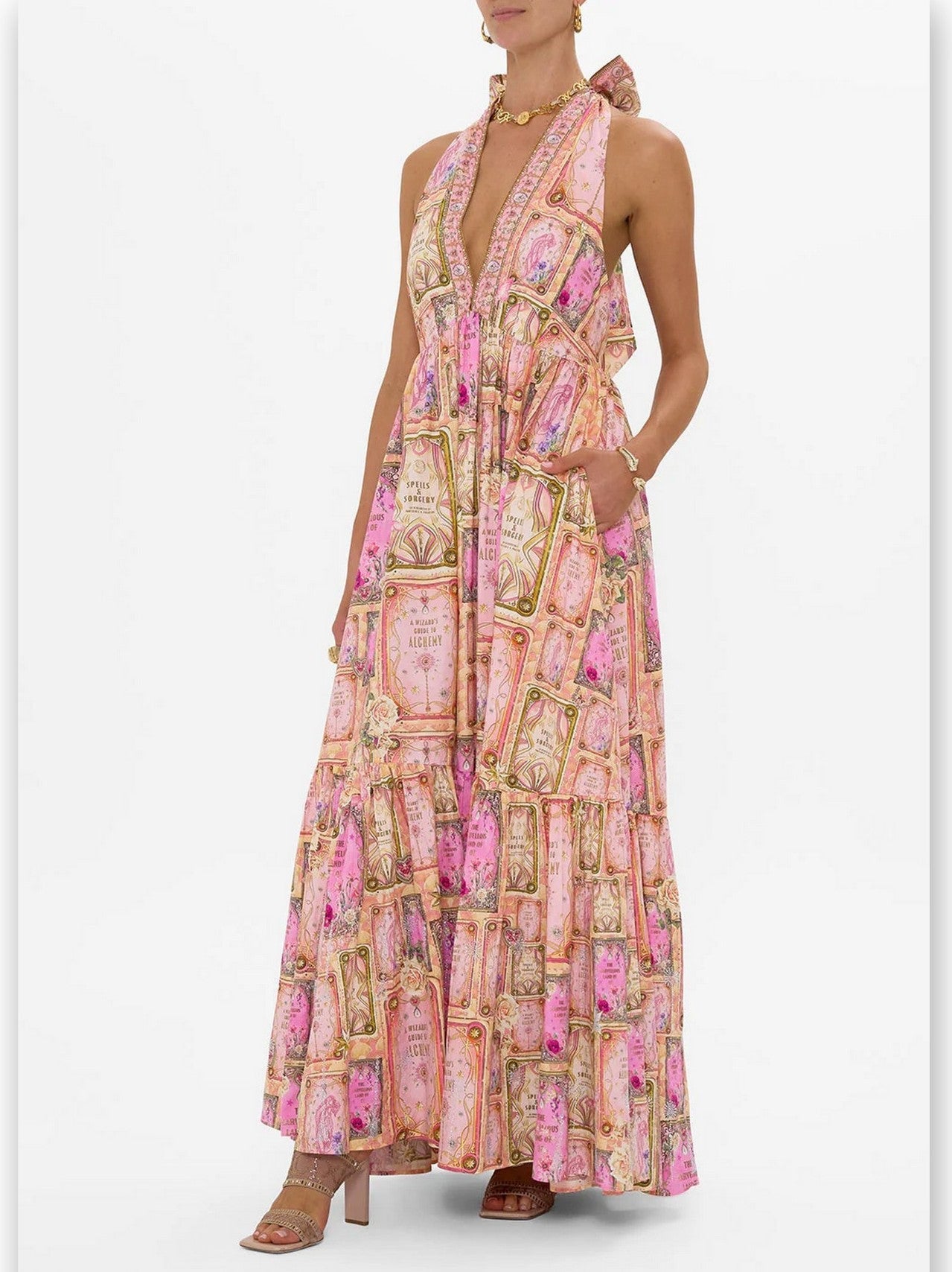 Printed Pink Halterneck Maxi Dress - Dresses