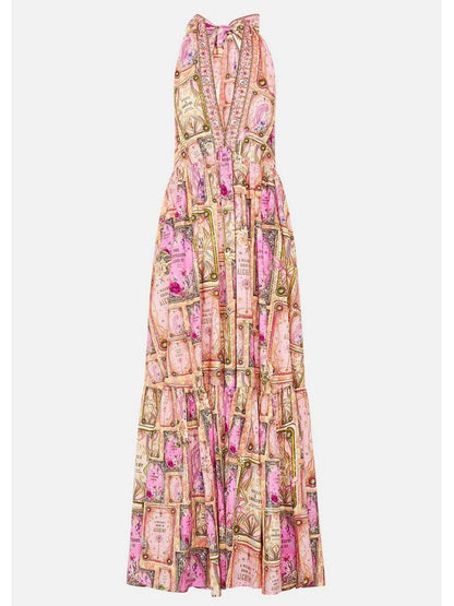 Printed Pink Halterneck Maxi Dress - Dresses