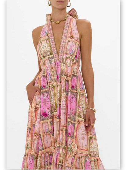 Printed Pink Halterneck Maxi Dress - Dresses