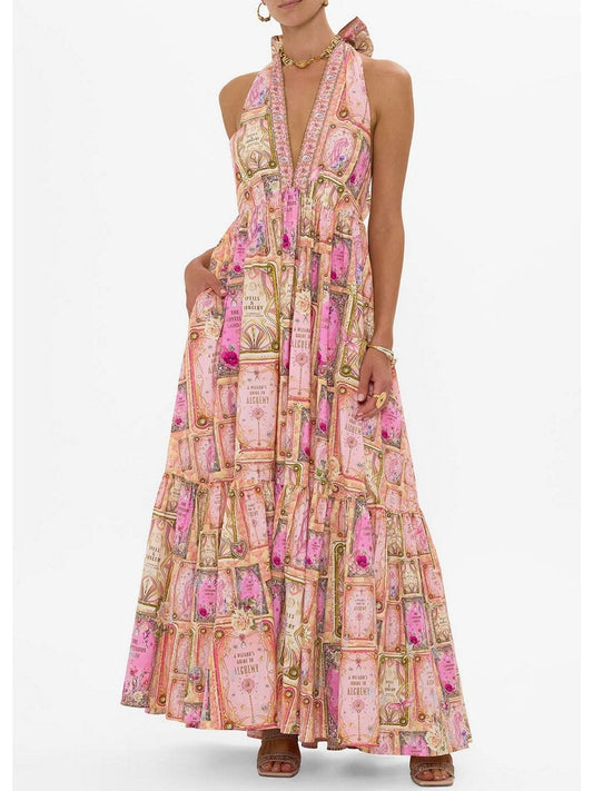 Printed Pink Halterneck Maxi Dress - S - Dresses