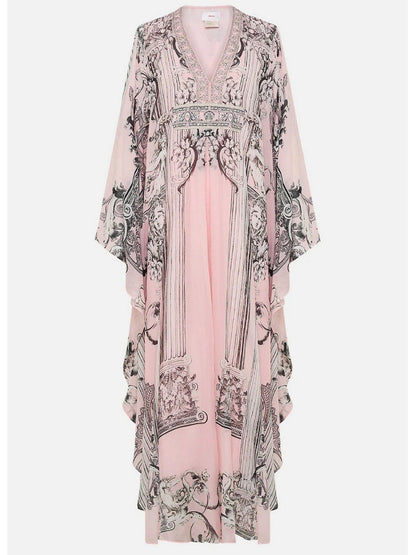 Printed Pink Silk V-Neck Long Kaftan Dress - Dresses