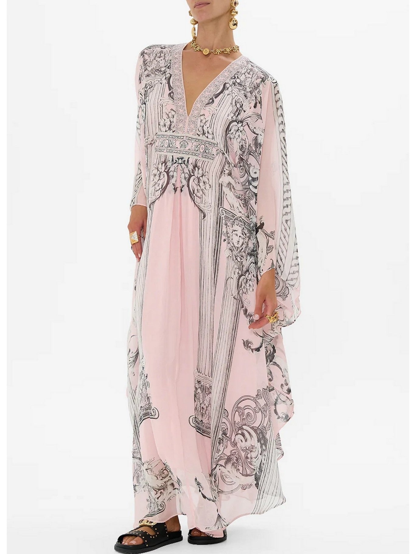 Printed Pink Silk V-Neck Long Kaftan Dress - Dresses
