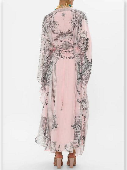 Printed Pink Silk V-Neck Long Kaftan Dress - Dresses