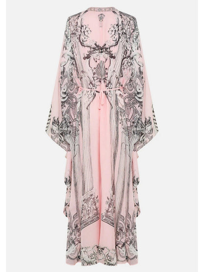 Printed Pink Silk V-Neck Long Kaftan Dress - Dresses